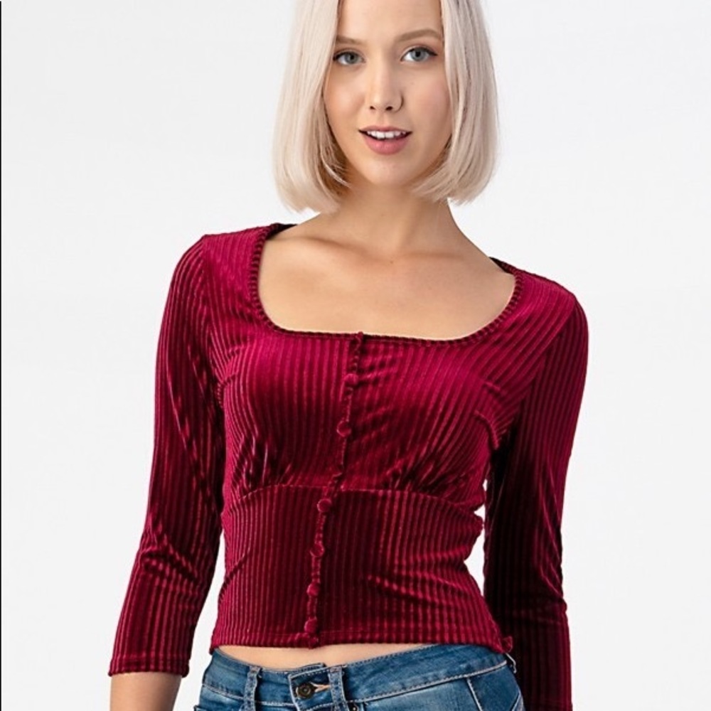 Velvet Scooped Button Front 3/4 Sleeve